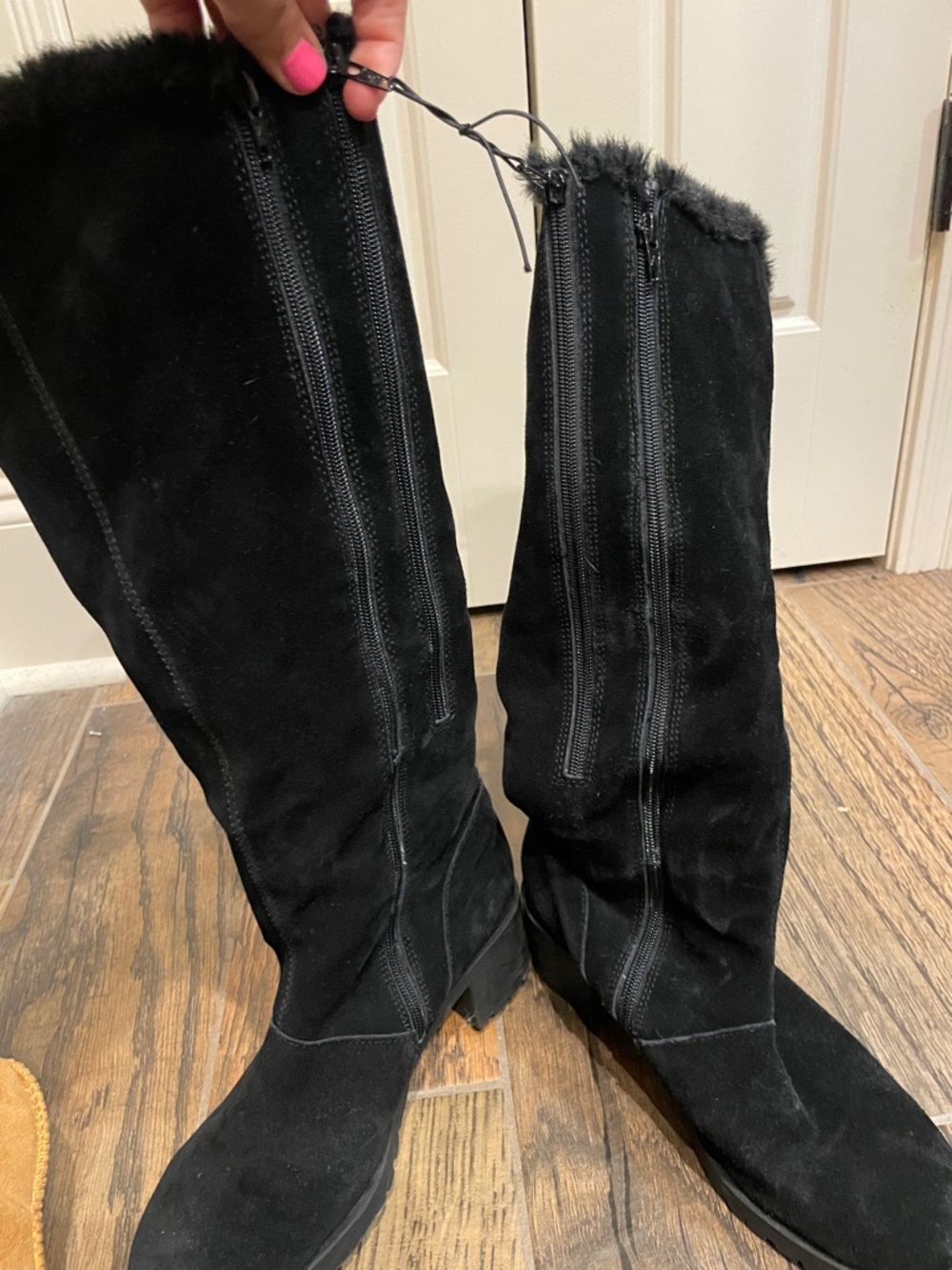 AEROSOLES Black Suede-Look Knee High Buckle Boots with Faux Fur Trim - Picture 3 of 6